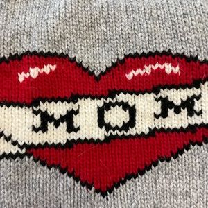 Chilly Dogs gray wool sweater with tattoo heart “MOM” on the back, stripe chest